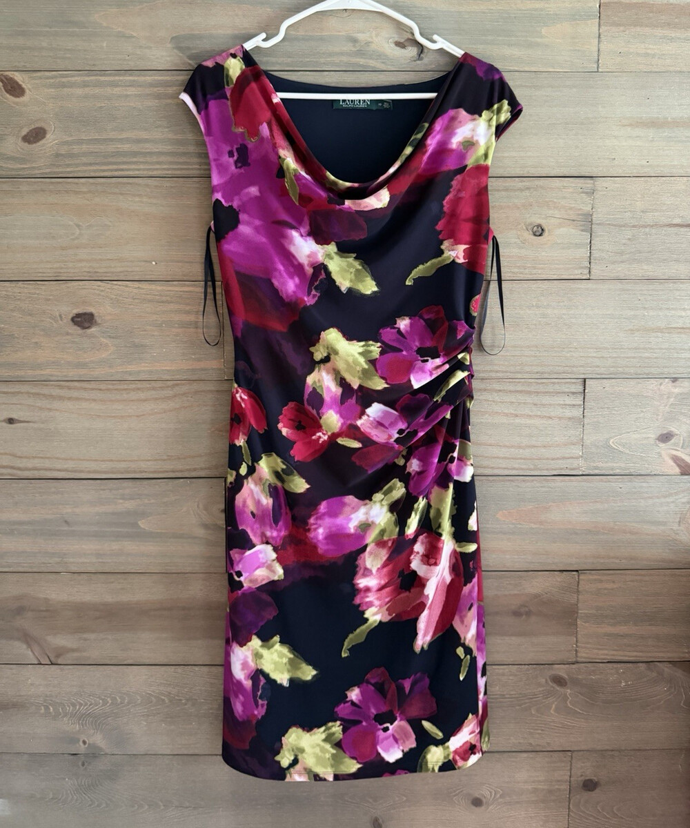 Ralph Lauren Floral Cowl Neck Ruched Sheath Dress Women's Size 10